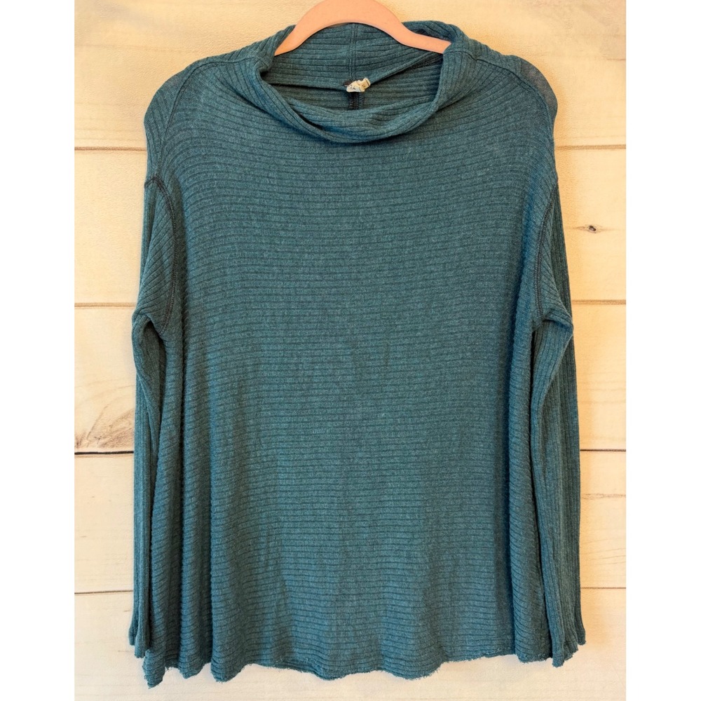 We The Free Free People Teal Ribbed Cowl Neck Split Back Long Sleeve Top XS P